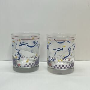 libbey country geese pink heart double old fashioned glasses set of 4 blue bow